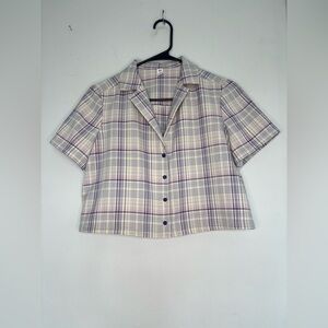 BP MUTED PURPLE CREAM PLAID BUTTON FRONT COLLARED BLOUSE SZ XS